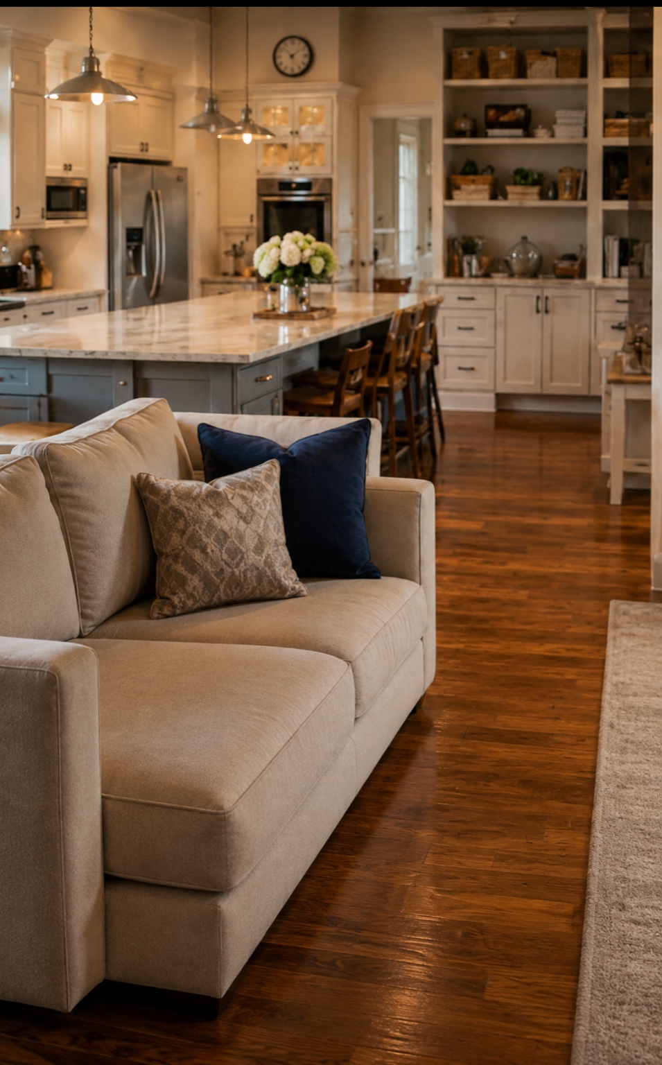 Clean and beautifully organized living room and kitchen after Lynn’s service